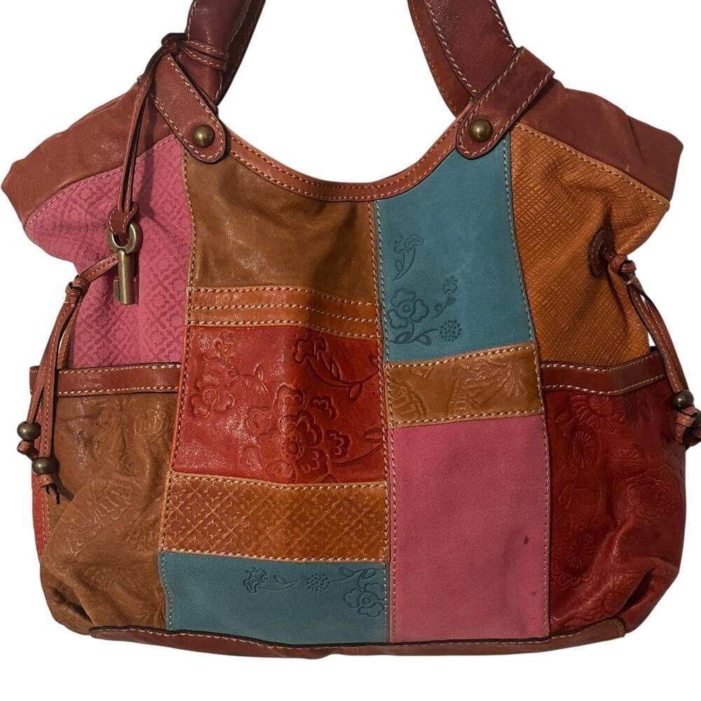 Fossil Patchwork Leather Large Hobo Bag Womens Br… - image 4